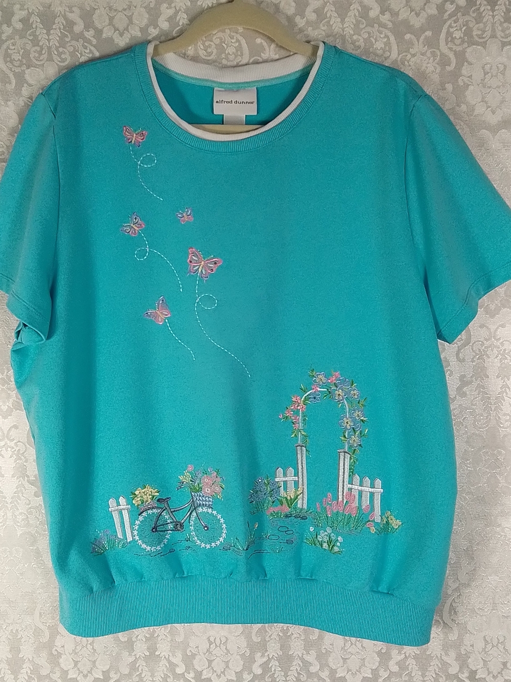 Alfred Dunner turquoise short sleeve top with embroidery & rhinestones XL